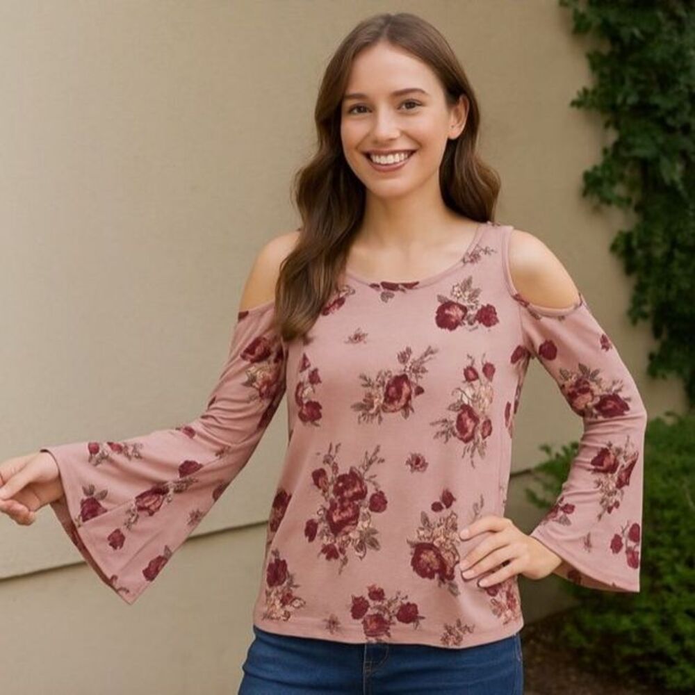 Aeropostale Women’s M Mauve Floral Cold Shoulder Long Bell Sleeve Boho Top